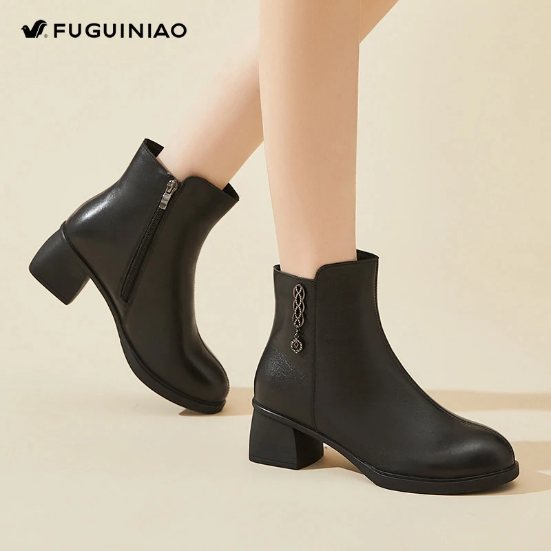 富贵鸟真皮粗跟马丁靴女2025新款秋冬季切尔西短靴高跟单靴妈妈鞋