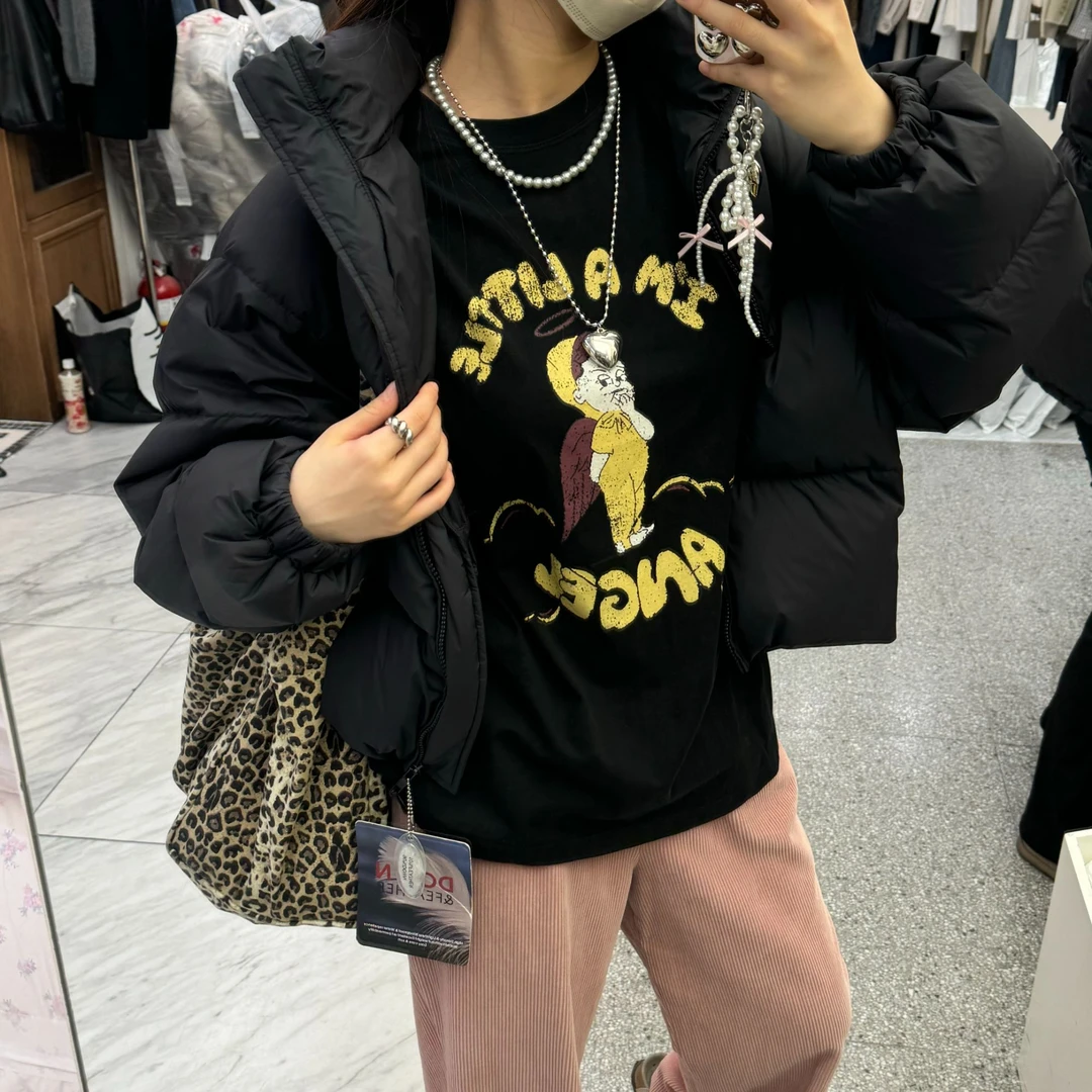 韩国东大门秋款上新字母卡通印花蕾丝假两件