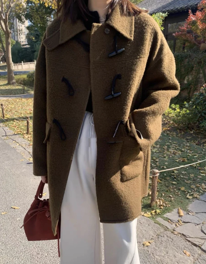 韩国东大门牛角扣柔软气质大衣外套