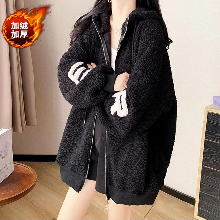 秋冬新款大码女装羊羔绒加绒加厚连帽卫衣女高智淡人
