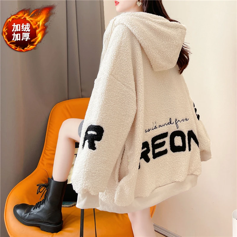 秋冬新款ins大码女装羊羔绒加绒加厚韩版连帽卫衣休闲女高智淡人
