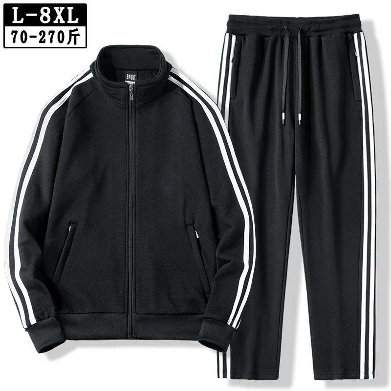 春秋纯棉运动套装男士休闲两件套宽松加肥加大码三条杠开衫跑步服