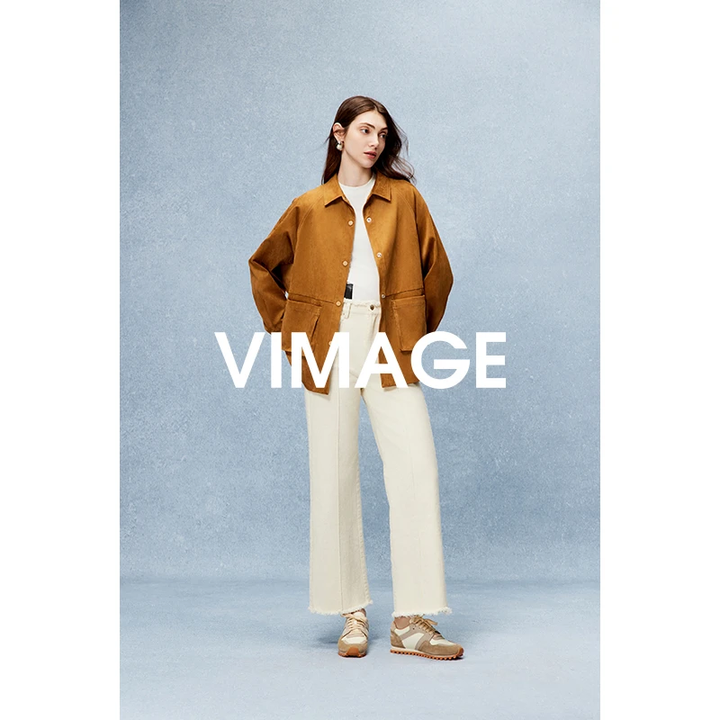 VIMAGE纬漫纪宽松日系气质翻领显瘦咖色外套2024秋季新款V2203838