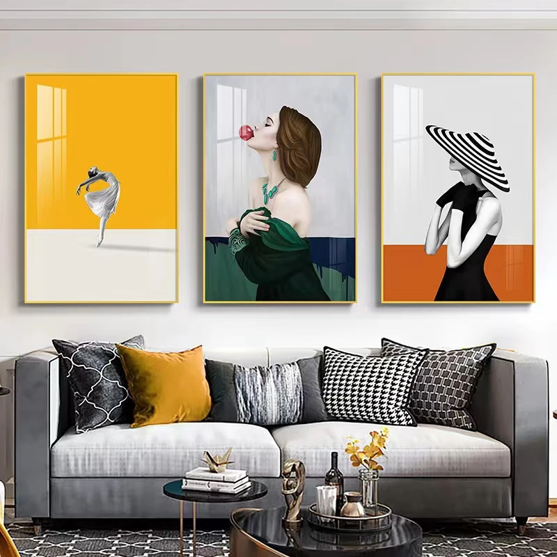 [美女三联】轻奢现代客厅装饰画美女人物方形三联画沙发背景挂画