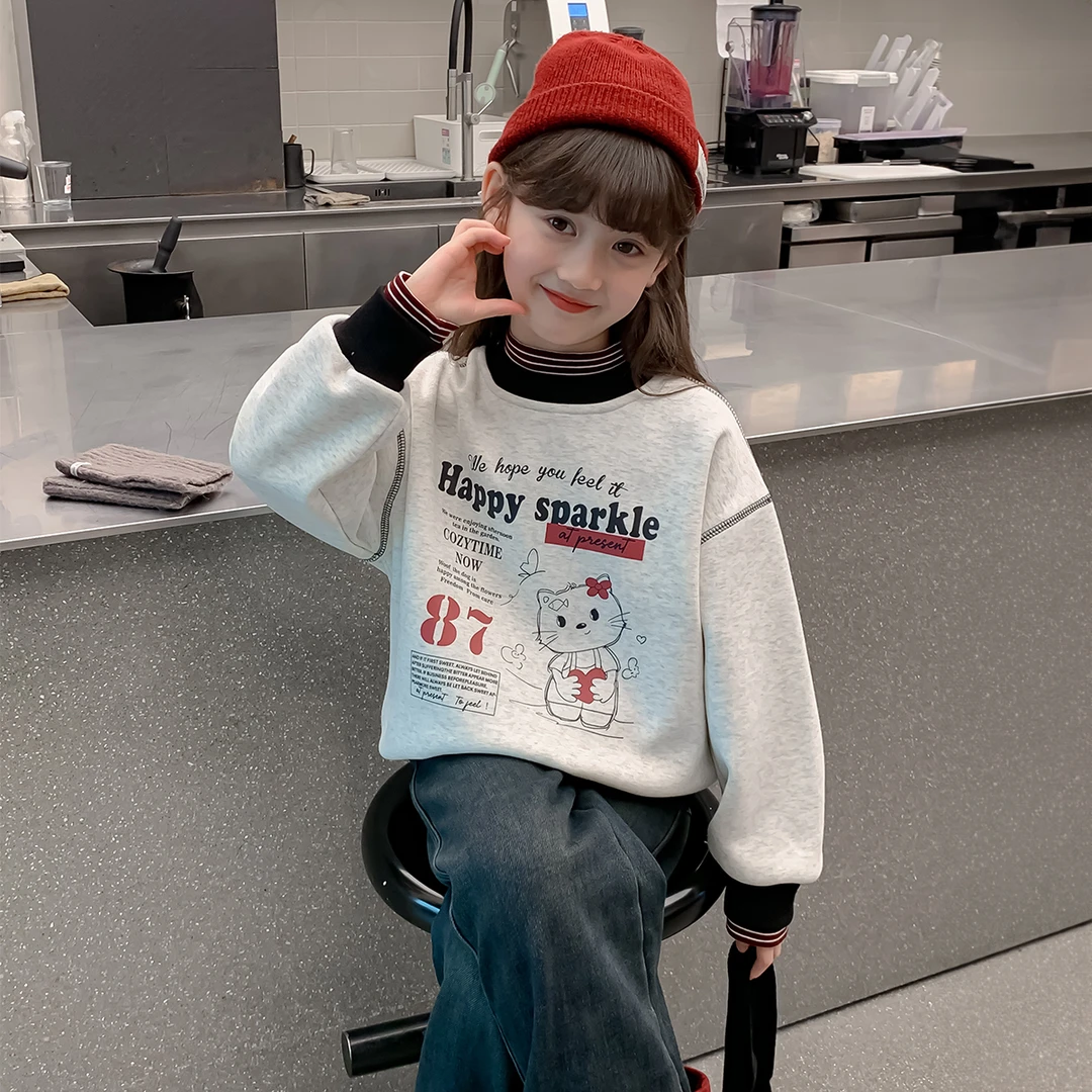 女童秋冬卫衣2025秋冬新款儿童假两件中大童撞色卡通卫衣Q12825