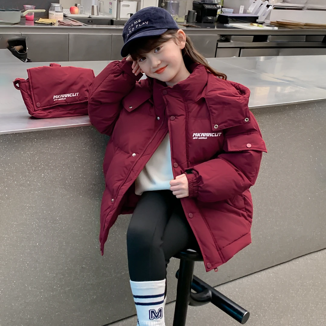 女童2025冬季新款高街风时尚女孩字母印花连帽洋气厚款棉服Q12874