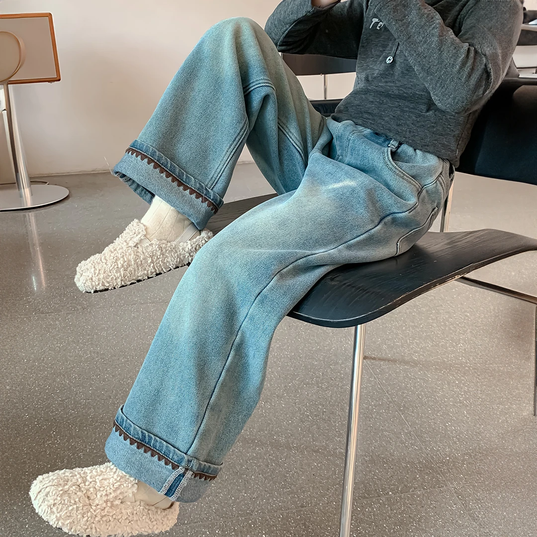 女童2025秋冬新款时尚纯色裤脚挽边设计加绒肌理感牛仔裤Q12856