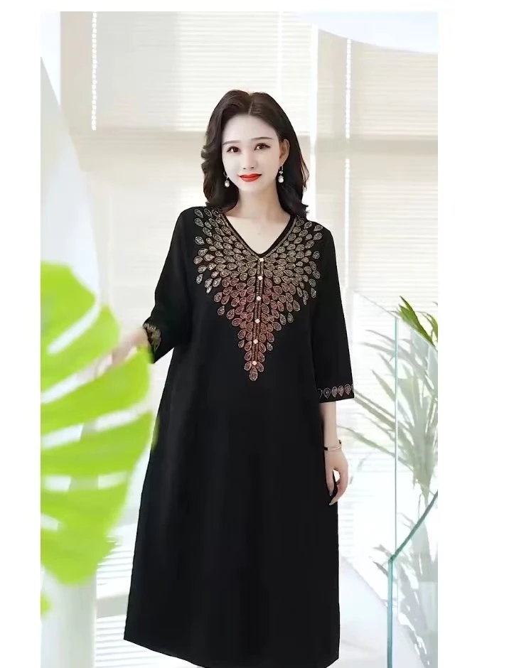 2025烫钻新款轻奢简约宽松气质长袖百搭中长款妈妈装冰丝裙高贵