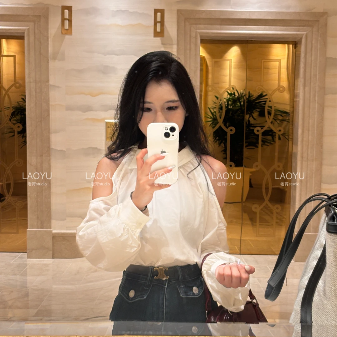LAOYU（双肩旋律）法式复古露肩设计感长袖小众别致宽松衬衫上衣
