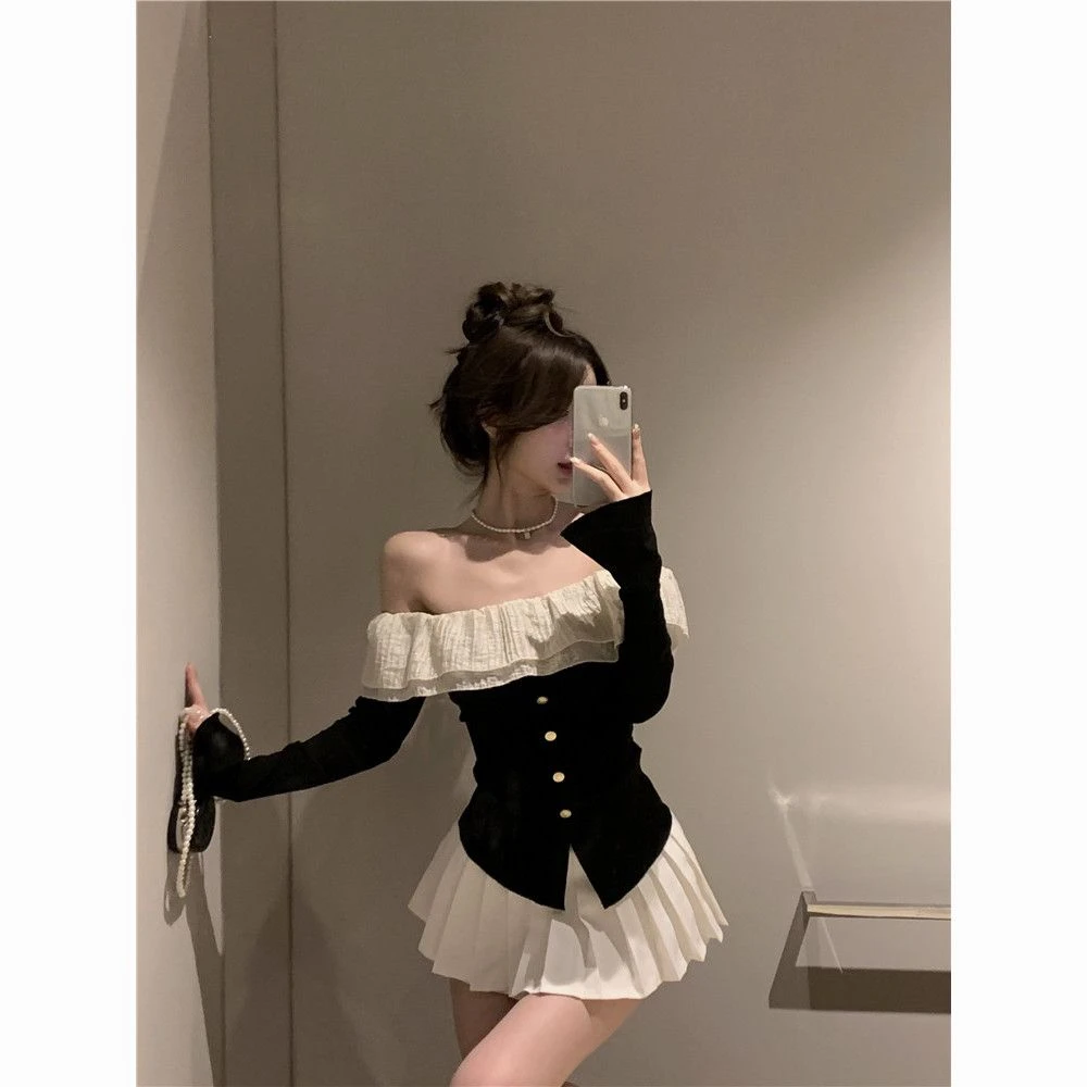 一字肩荷叶边黑色针织衫女秋装2023新款法式甜美减龄修身长袖上衣