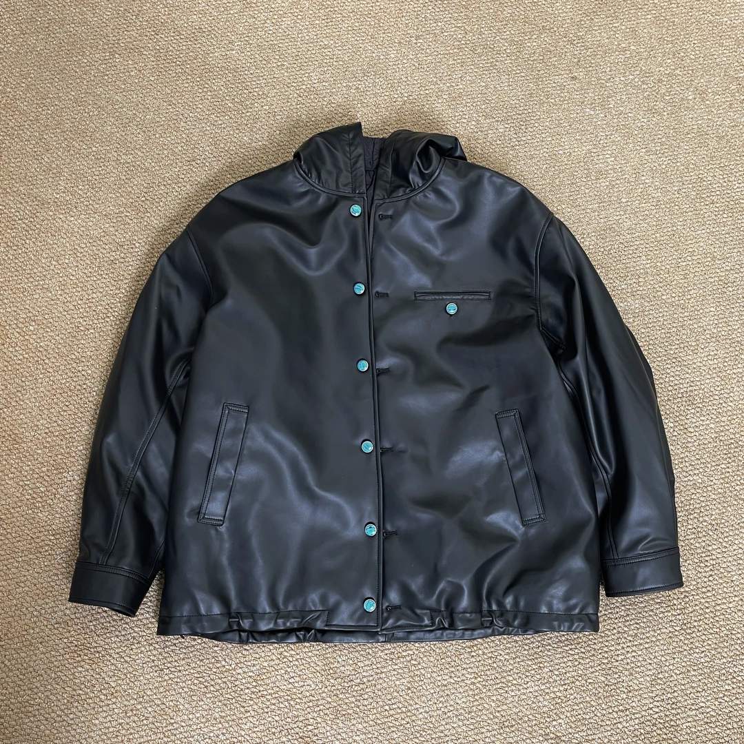 马丁叔叔 秋冬新款高级感百搭宽松松石扣连帽皮衣羽绒