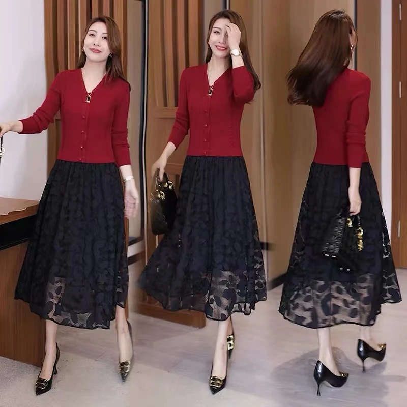 爆款推荐假两件针织网纱连衣裙女春秋2023今年新款中长款网纱裙子