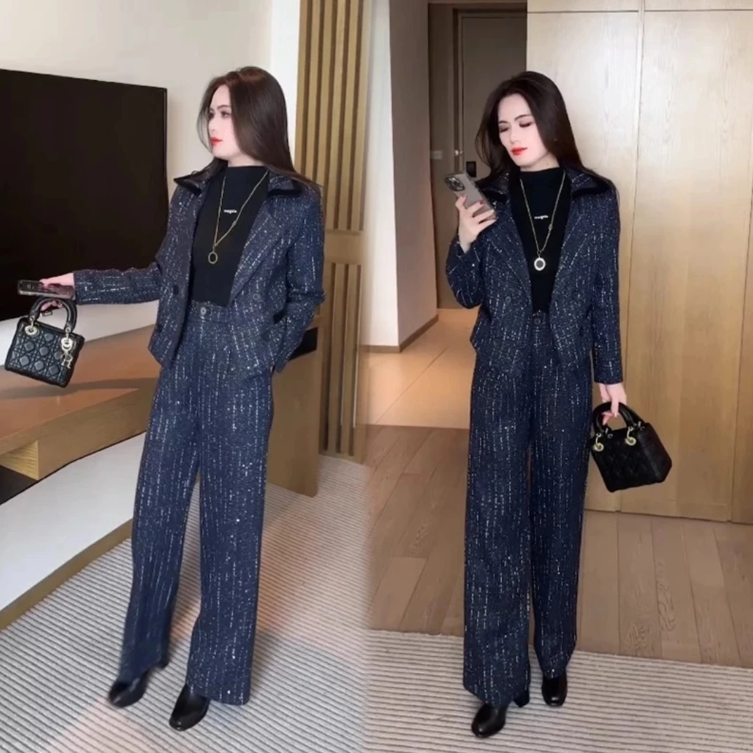 西装阔腿裤套装秋冬新款时尚洋气质女装加棉加厚减龄两件套072