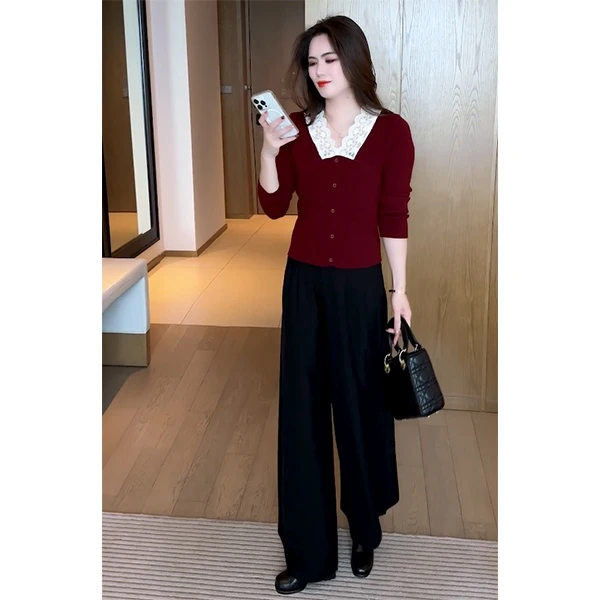 秋冬显瘦T恤小众设计感V领蕾丝时尚减龄针织毛衣上衣973