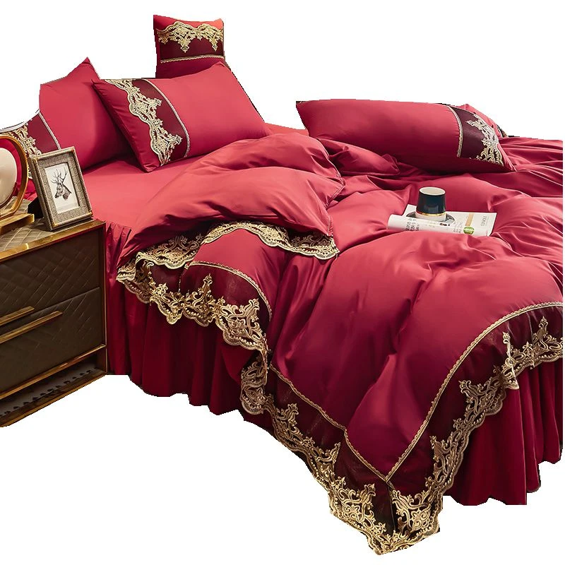床上四件套被套床裙款红色欧式风四季通用春秋被罩床单2023新款潮