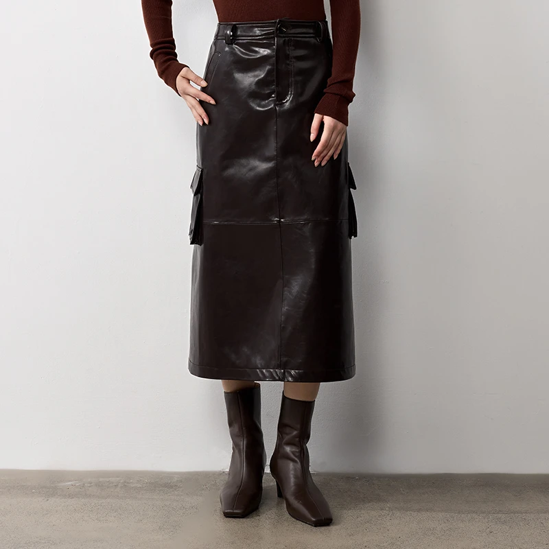 VIVIDINI薇薇迪尼 油蜡绵羊皮工装长款半身皮裙VT431JQ005