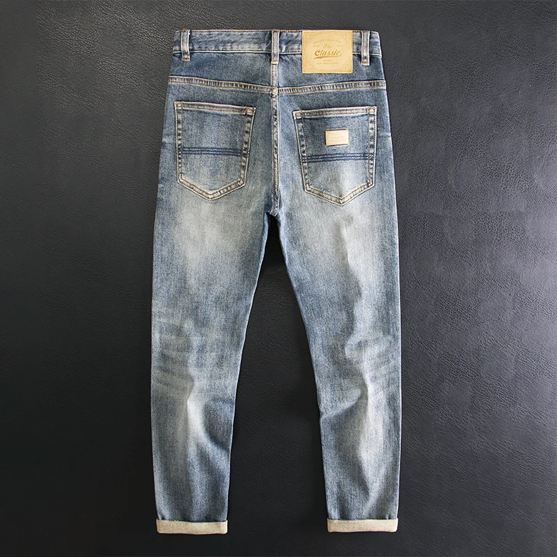欧洲站高端浅色水洗牛仔裤男士修身小直筒弹力复古耐磨欧货潮流