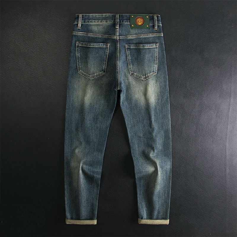 高端复古做旧牛仔裤男时尚休闲百搭弹力秋冬修身小脚九分长裤潮流