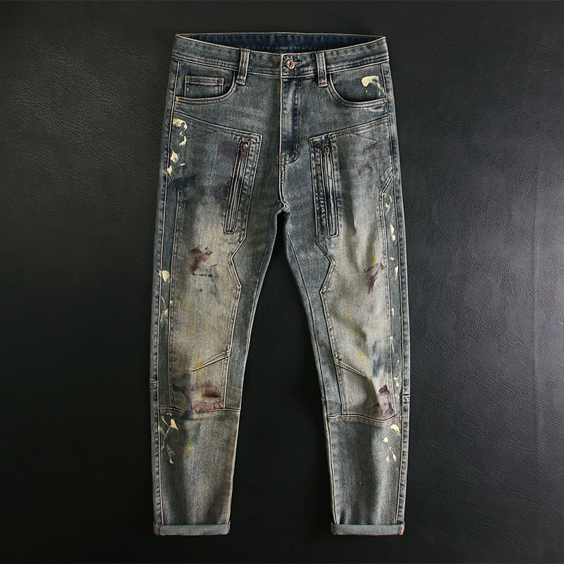 拼接机车牛仔裤男涂鸦泼墨弹力修身小脚美式复古高街痞帅个性潮流