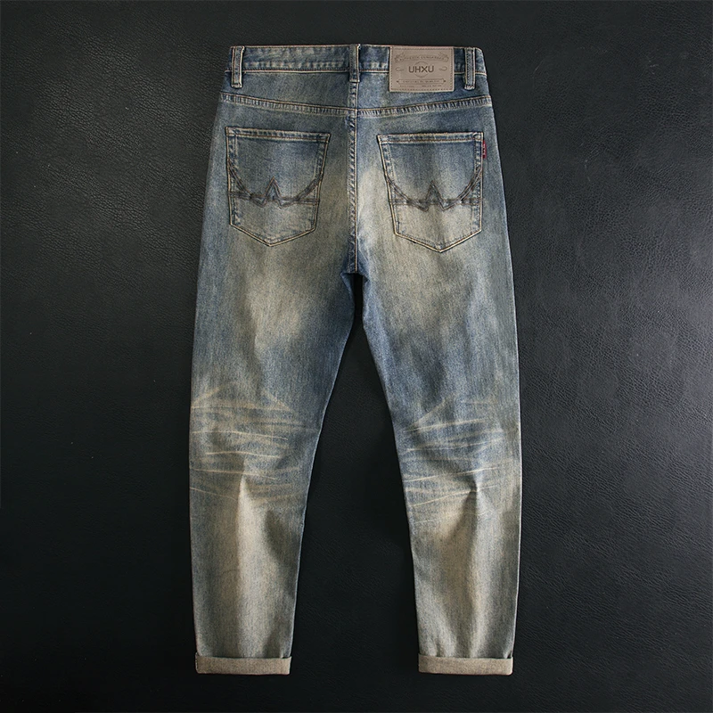 美式潮牌复古牛仔裤男士高端欧货做旧修身小直筒弹力痞帅长裤子男