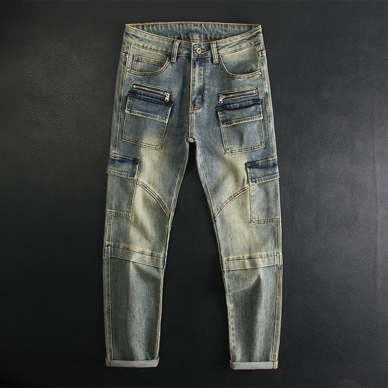 美式复古机车拼接多口袋牛仔裤男高街重磅工装潮牌痞帅修身小脚裤