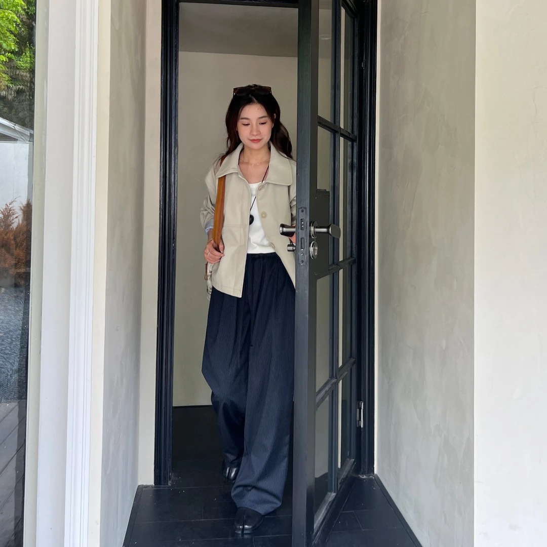 【Jinsan】秋款腰部特色西装裤条纹垂感宽松紧腰慵懒直筒休闲西装裤
