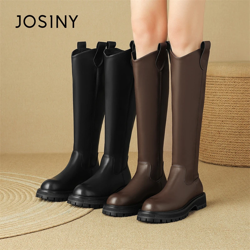 卓诗尼厚底长筒骑士靴女2025新款春秋加绒黑色粗跟高筒瘦瘦靴子女