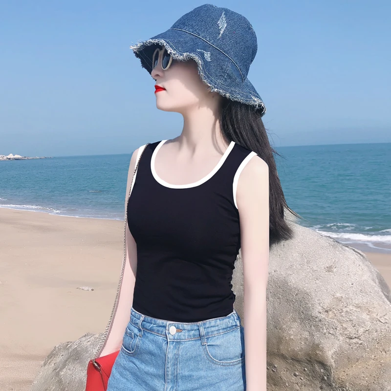 夏季甜辣双U领背心黑白拼接撞色纯棉外穿内搭小吊带设计感上衣潮