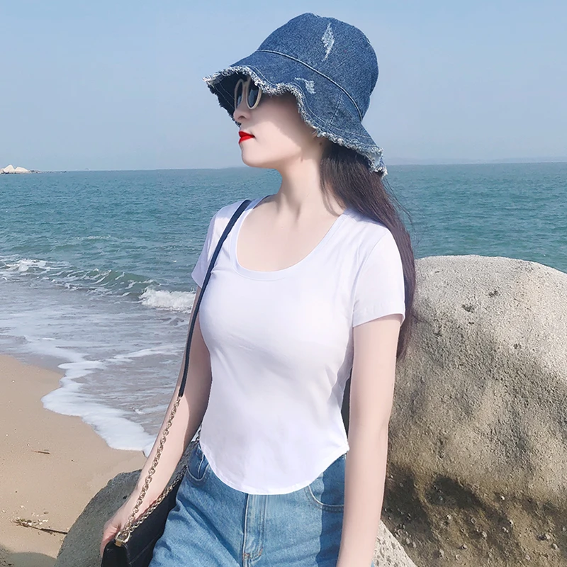 2025夏季新款圆领纯色棉紧身气质高级感圆摆短袖T恤女打底衫上衣