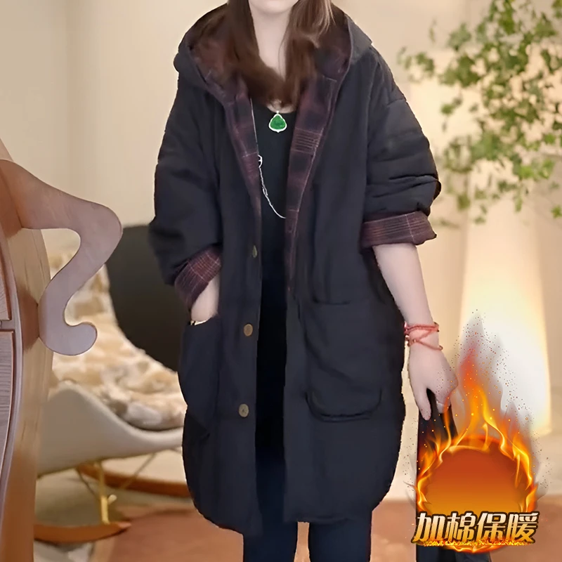 复古中长款夹棉加厚棉袄外套女2025冬季新款宽松休闲保暖棉衣棉服