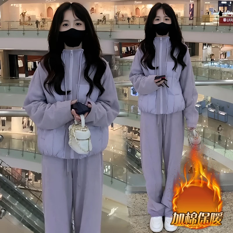 2024冬新款韩系时尚慵懒风显瘦连帽外套+休闲加绒直筒裤两件套女