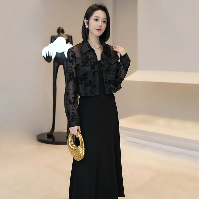 2025夏装新中式蕾丝盘扣防晒衬衫连衣初秋穿搭新中式套装裙两件套