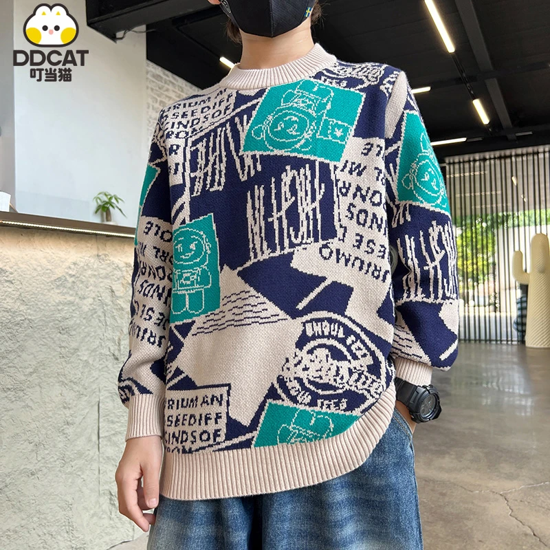 叮当猫男童毛衣秋冬款2023新款中大童男孩纯棉圆领加绒加厚针织衫