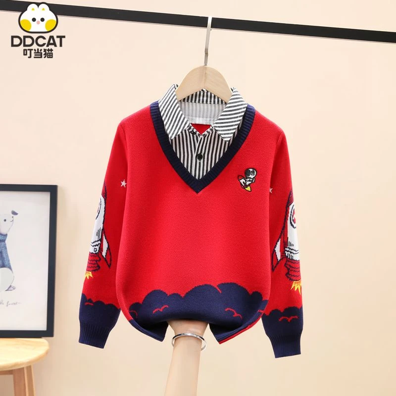 叮当猫男童毛衣假两件秋冬新款中大童男孩加绒加厚纯棉针织打底衫