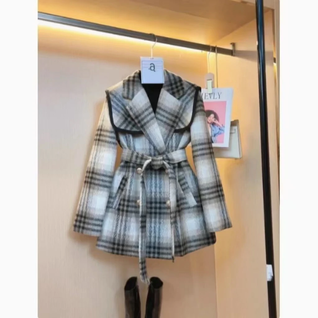 776英伦风格纹海军领小香风外套加厚加棉气质减龄显瘦百搭大衣女