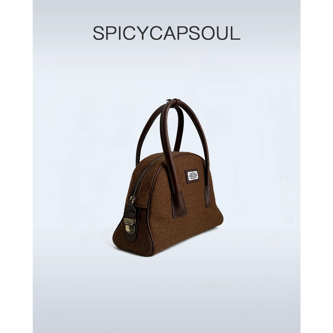 【千金玛德琳】SpicyCapSoul池金物中古羊毛呢子牛皮保龄球托特包