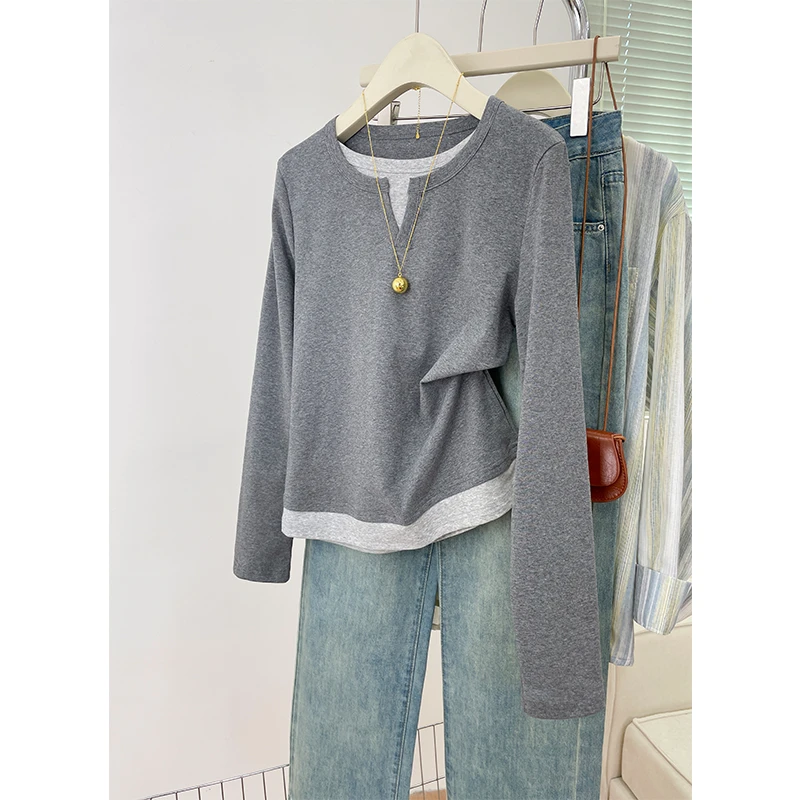 2025秋季新款假两件小众T恤衫正肩显瘦女装内搭时尚百搭打底上衣