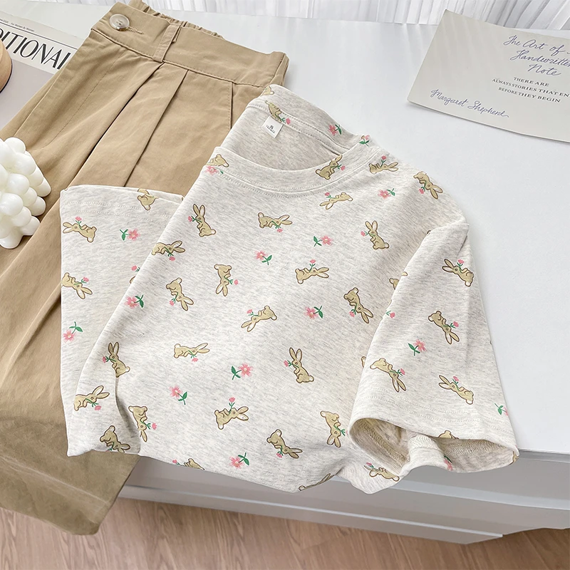 【兔子和花】温柔正肩短袖t恤夏季新款通勤百搭ins上衣小个子女装