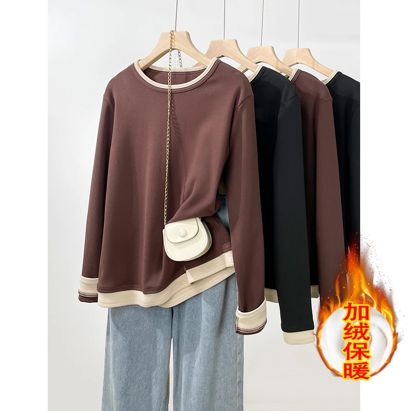 澳绒假两件圆领长袖t恤秋冬新款显瘦内搭打底衫正肩体恤chic上衣