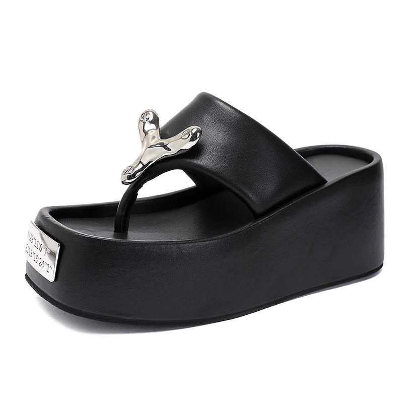 欧洲站2024夏季小个子厚底时尚软羊皮夹脚凉鞋沙滩鞋人字拖鞋外穿