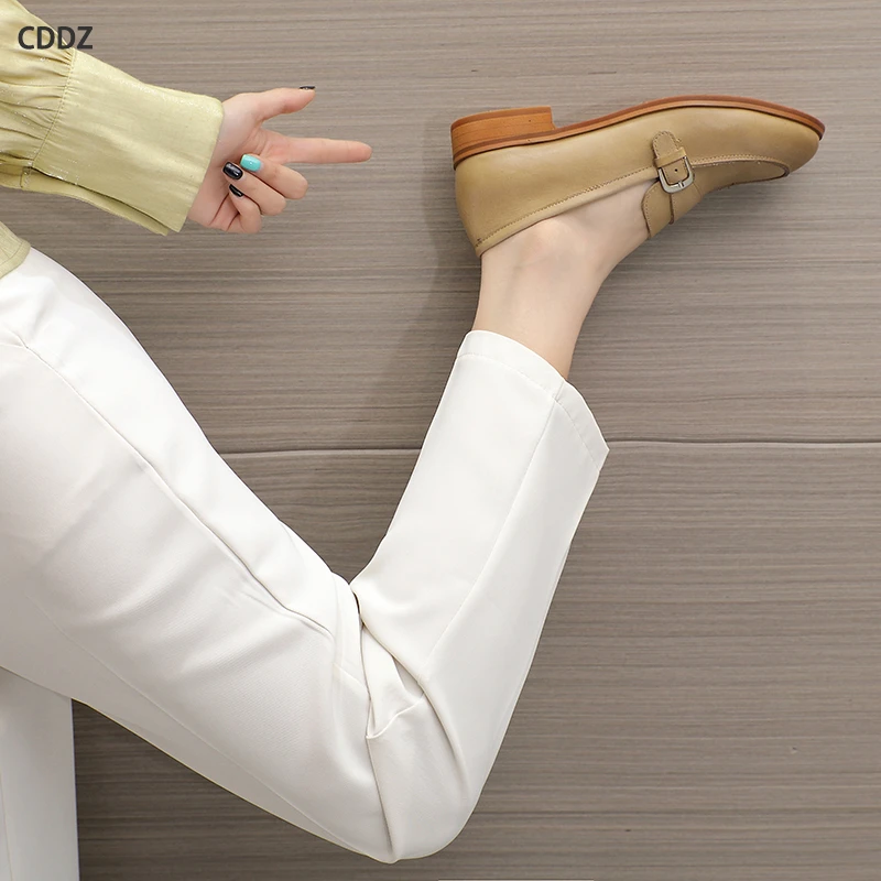 真皮复古乐福鞋女2024春季新款圆头平跟职业小皮鞋女一脚蹬单鞋