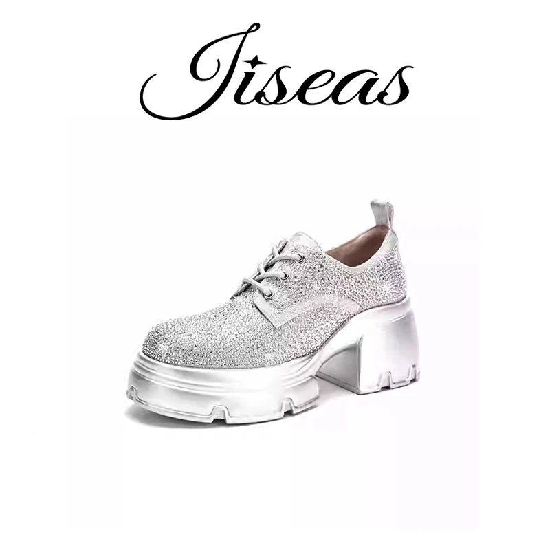 全水钻乐福鞋时尚真皮圆头单鞋银色厚底潮鞋增高14A1088