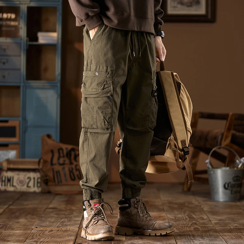 【旗哥潮】2024秋冬新款工装裤男多口袋美式休闲系带束脚休闲裤子男
