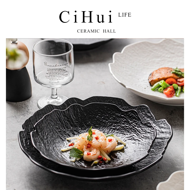 家用高级感陶瓷深盘汤碗不规则花边个性日式意面盘沙拉盘纯色黑白