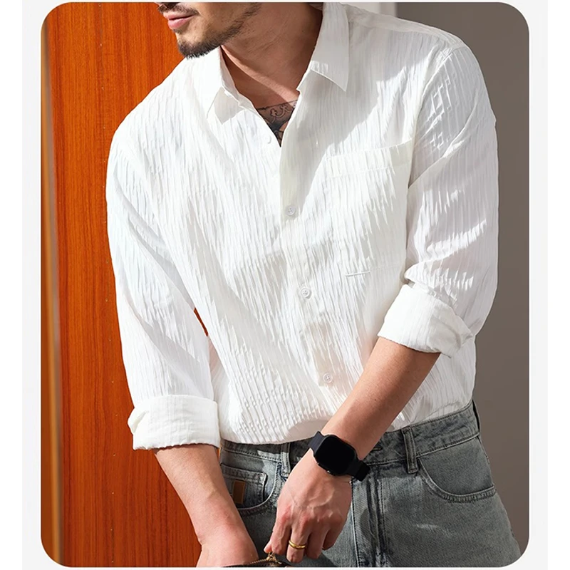轻奢男士商务白色衬衫褶皱肌理感外套男秋季宽松休闲免烫长袖衬衣