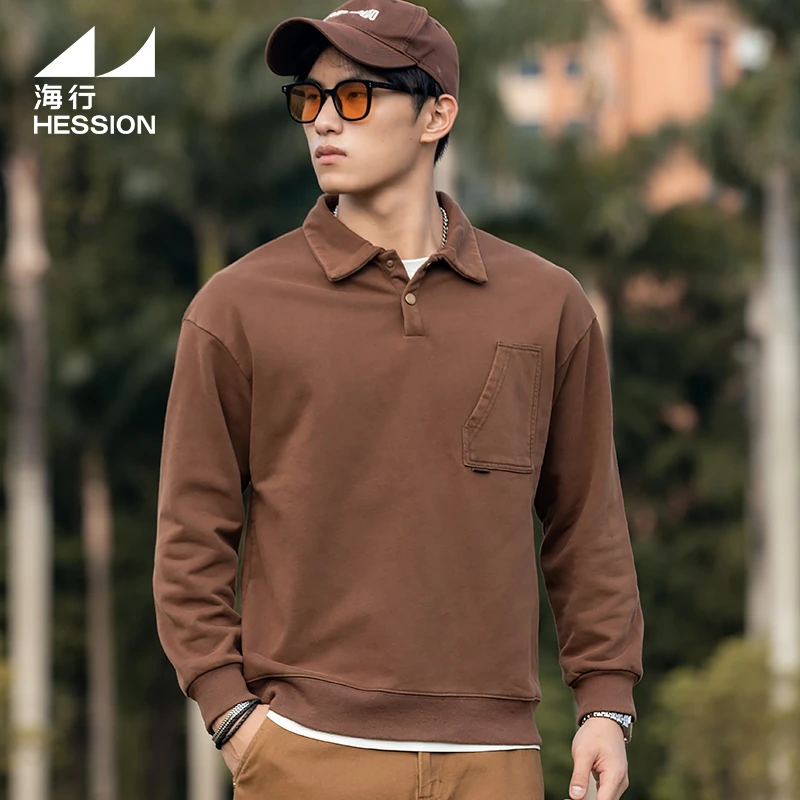 海行咖色男重磅polo领卫衣2025年秋季新款户外加厚复古翻领外套