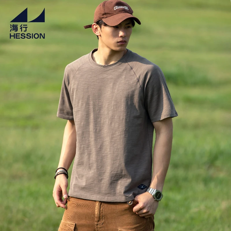 海行咖色新款竹节棉插肩短袖男2025夏季户外纯棉透气圆领宽松T恤