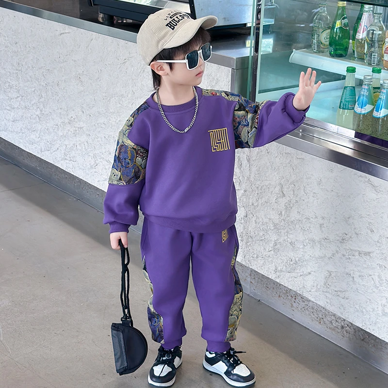 男童套装秋装2024提花新款男孩拼色卫衣小童时尚炸街衣服洋气潮服