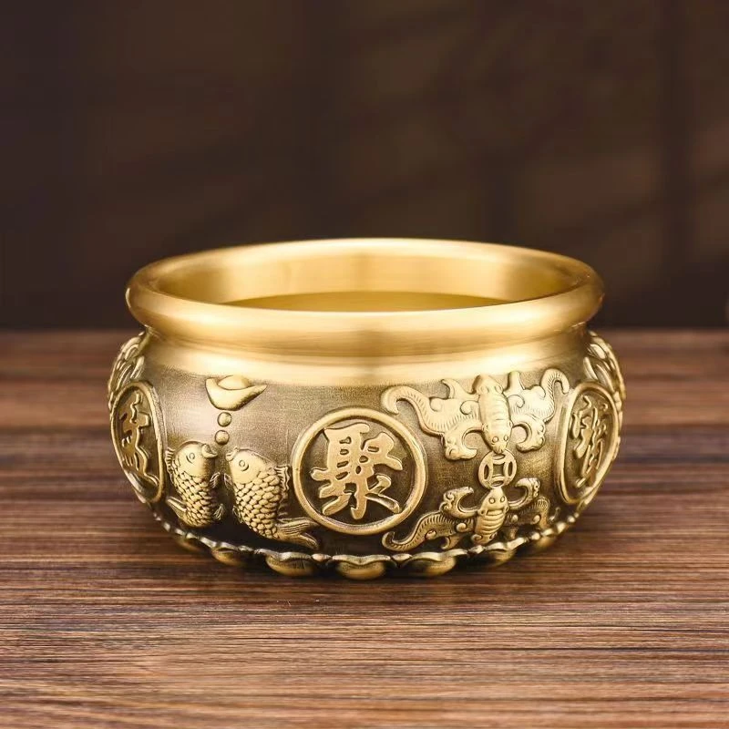 黄铜双鱼八福聚盆家居装饰乔迁摆件大号（10公分）