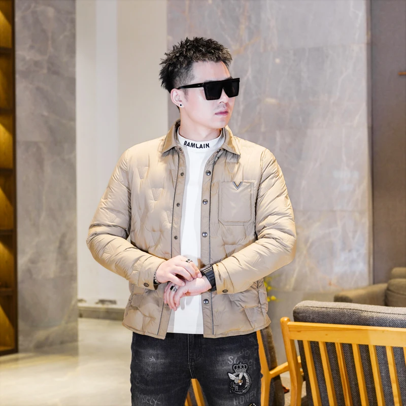 2025高端冬季90绒白鸭绒男士压花翻领羽绒服修身时尚百搭保暖外套